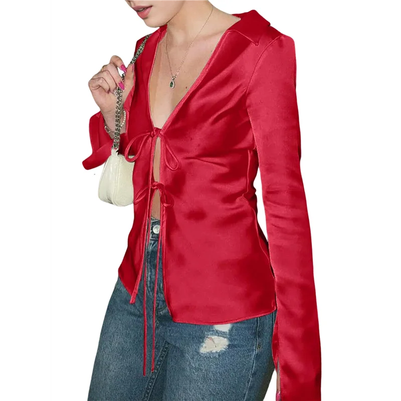 

CGS-Womens Sexy- Tie Front Satin Shirts Deep V Neck Silk Club Tops Long Sleeve Y2k Going Out Blouse