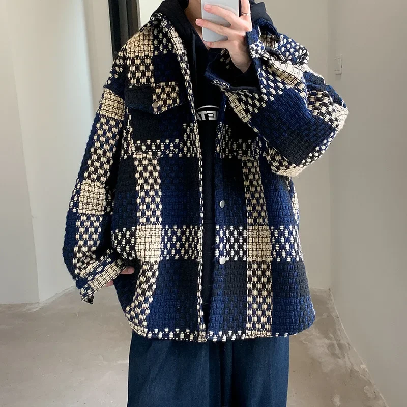 Plaid Blends Men Baggy Elegant Contrast Color Korean Style Teenagers All-match Hipster Harajuku Advanced Aesthetic Slouchy 2023