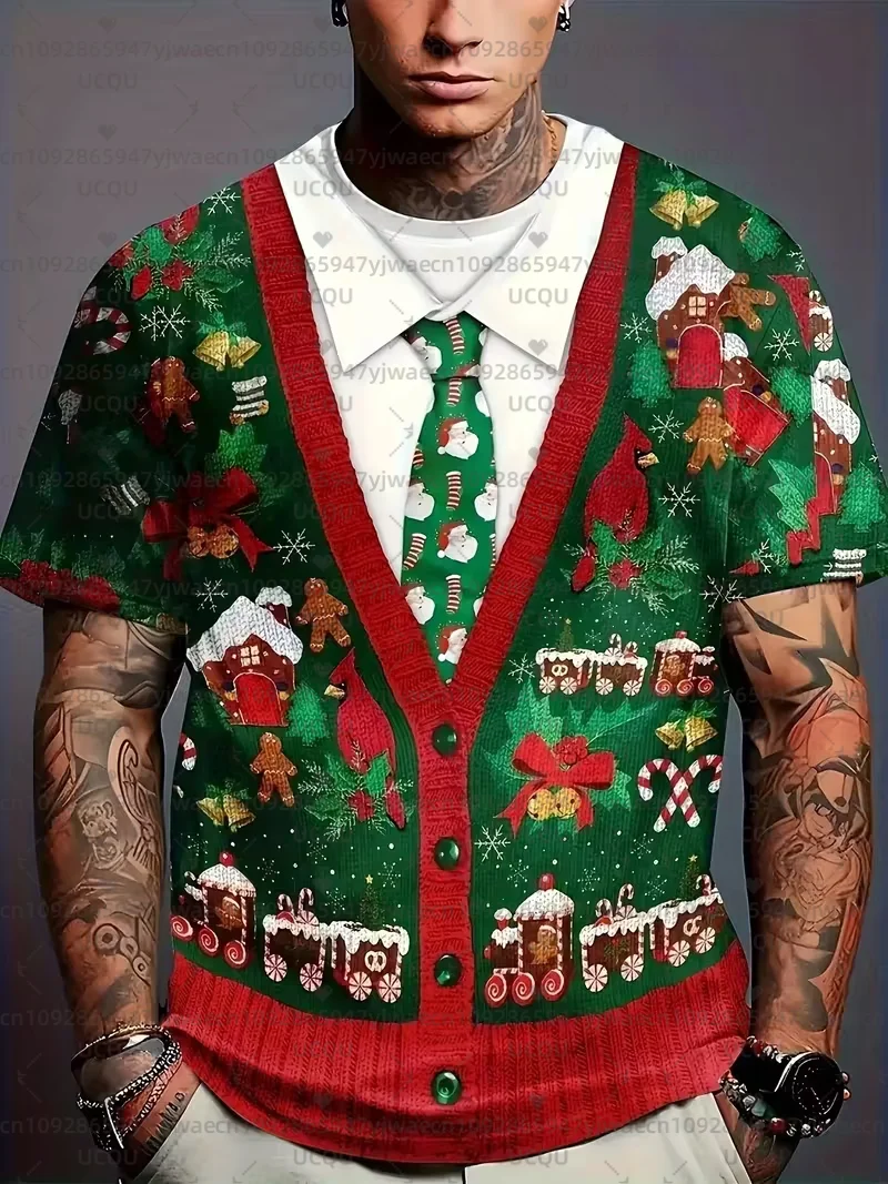 تي شيرت عيد الميلاد المضحك للرجال قميص سهرة أحمر مع نمط رسمي أسود كاجوال وحفلات عيد الميلاد ملابس احتفالية #3