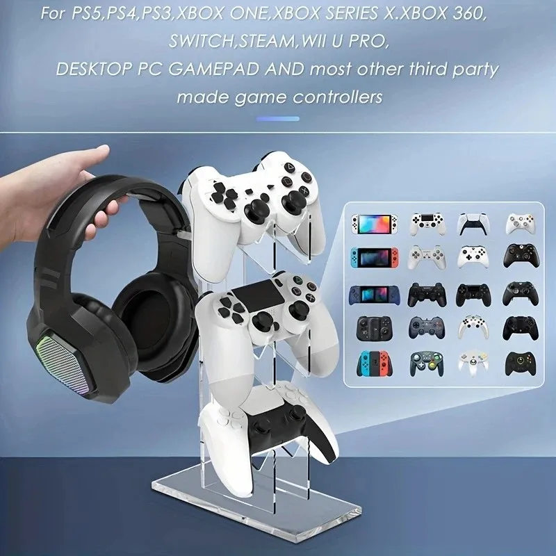حامل وحدة تحكم عالمي مكون من 3 طبقات وحامل سماعة الرأس ملحقات ألعاب لحامل تخزين PS5 PS4 باللون الأسود والأبيض والشفاف