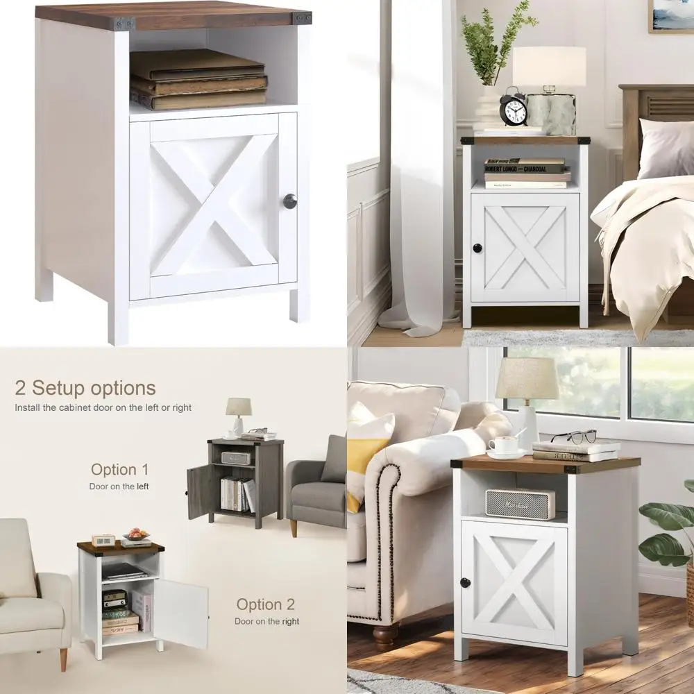 

Modern Rustic Farmhouse Nightstand with Barn Door and Shelf, Side Table Set for Bedroom, End Table with Storage Solutions