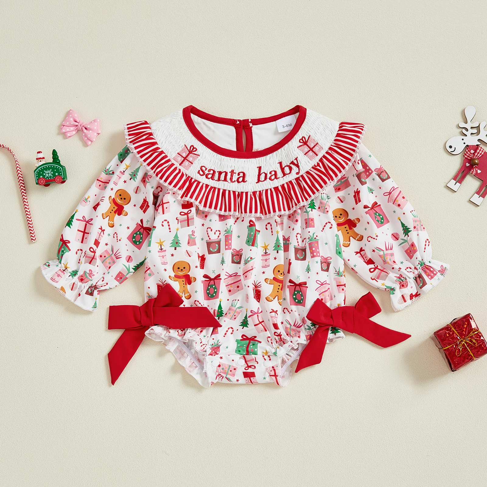 Baby Girls Christmas Romper Present Box Print Letter Embroidery Long Sleeve Ruffled Round Neck Bodysuits Jumpsuit