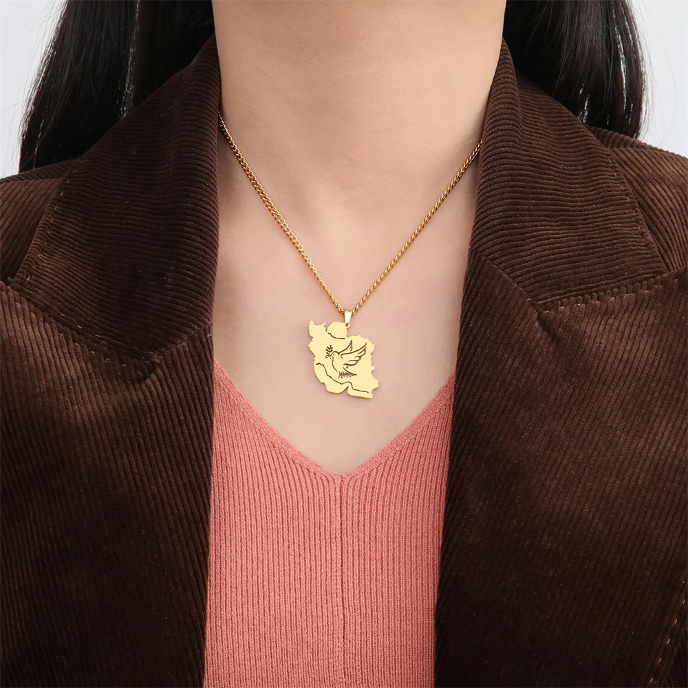 EUEAVAN Iran Map Pendant Necklace Stainless Steel Peace Dove Olive Branch Persian Calligraphy Necklaces Iranian Country Jewelry