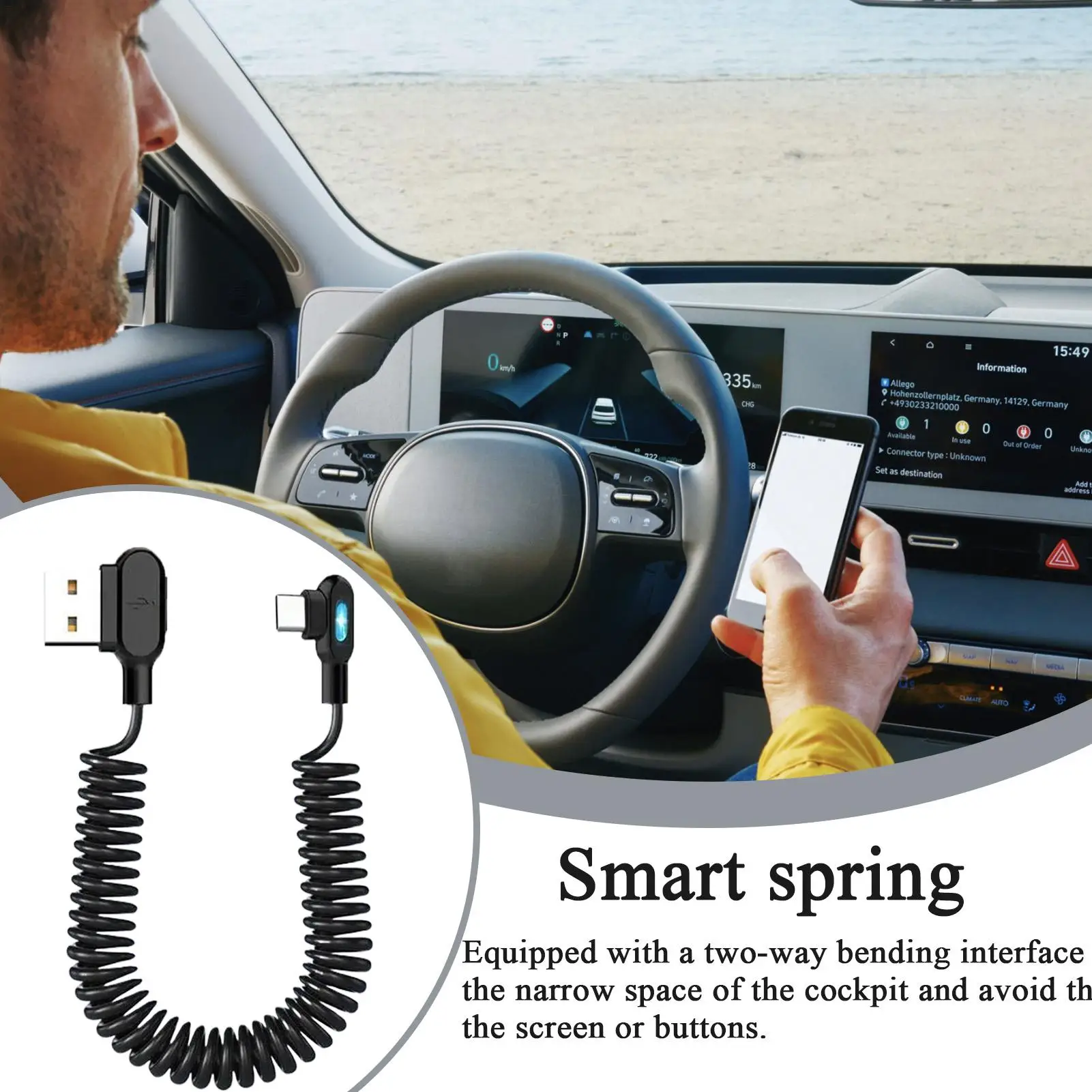 Coiled Car Charger Cable Retractable Luminous Retractable Type C Cord phone charging cable for Trailer RV Truck Automotive Sedan