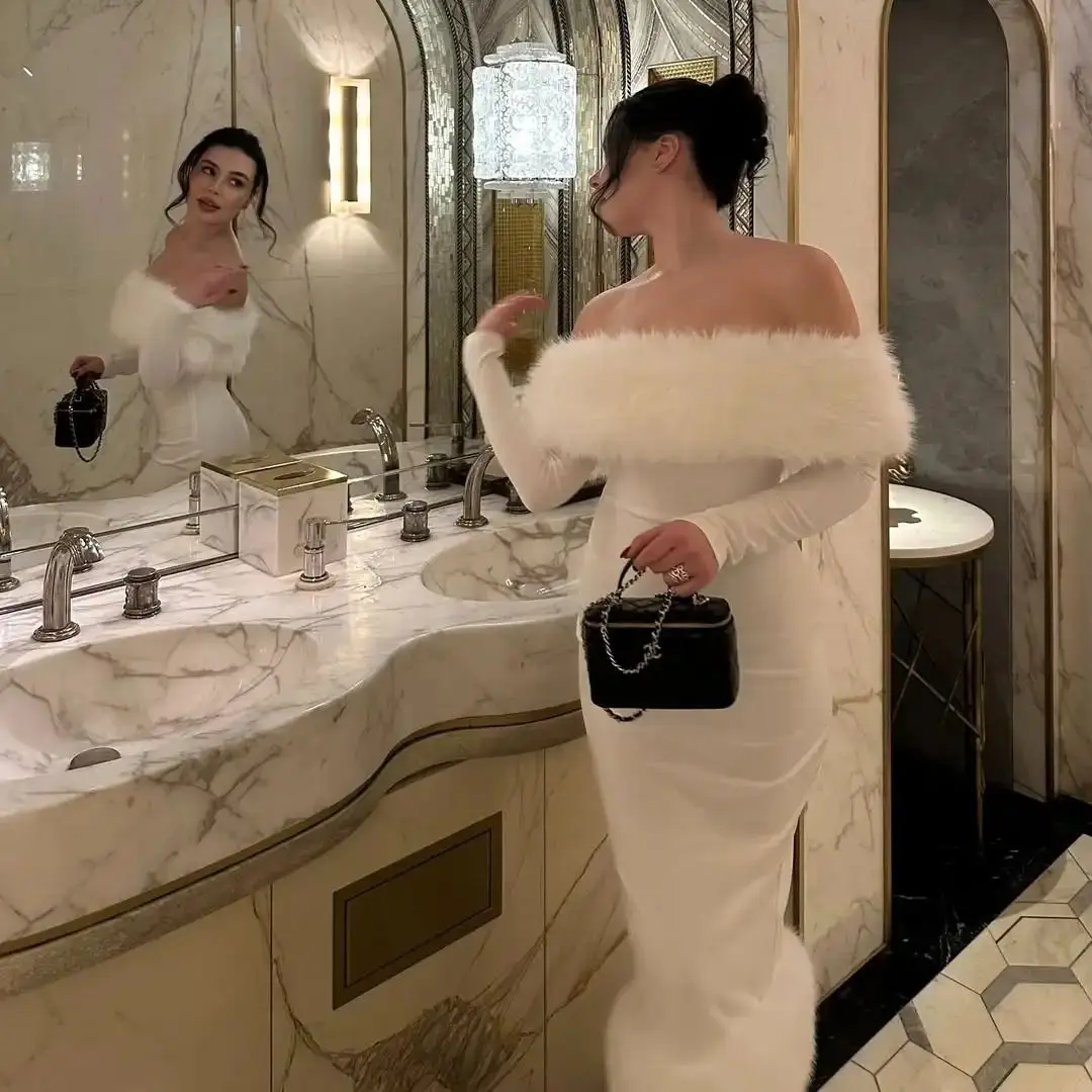 Ofherown Elegant Off Shoulder White Midi Evening Dress with Faux Fur Long Sleeve Bodycon Party Dress Women Luxury Cocktail Gowns