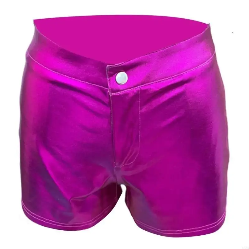 Y88A 패션 하이 허리 글로시 반바지 PU 가죽 짧은 바지 클럽 활동 nighclub