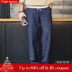 Maden Vintage Solid Color Loose Casual Straight Pants for Men Mid-waist Breathable Long Pants Spring Trousers Elastic Waist