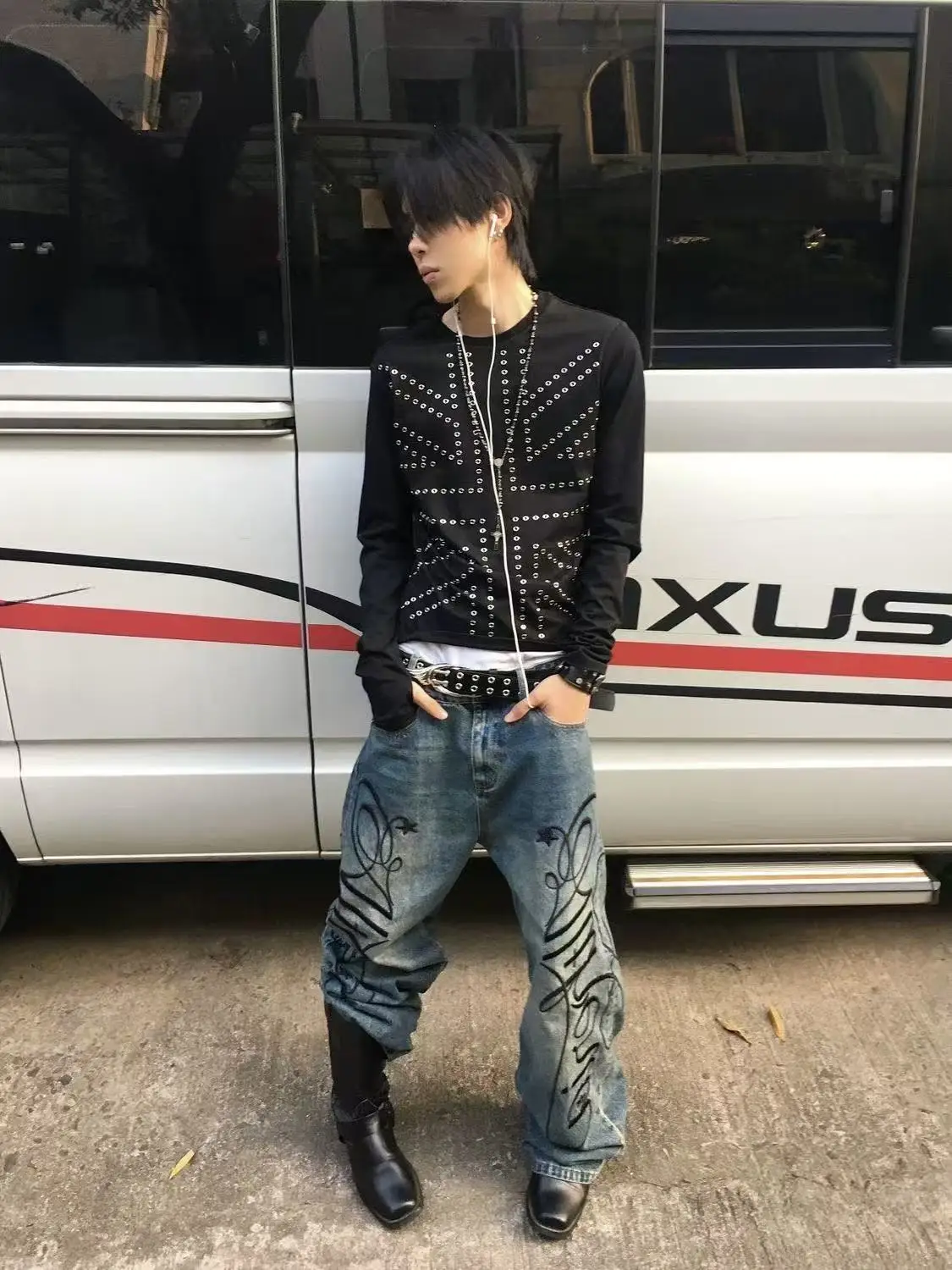 Black Long Sleeve T-Shirt American High Street Style Rivet Rhinestone Loose Y2K Subculture Base Shirt Inner Wear Top for Men ...