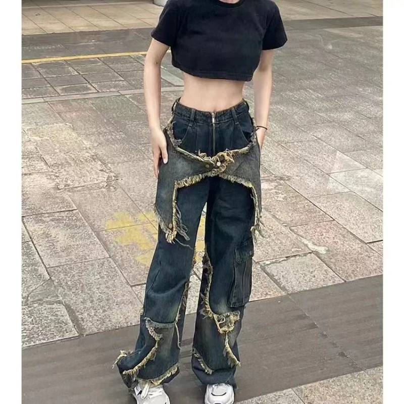 2023 New Vintage High Street Personality Dark Jeans uomo e donna VIBE American pentagono Raw Edge Star pantaloni a gamba larga