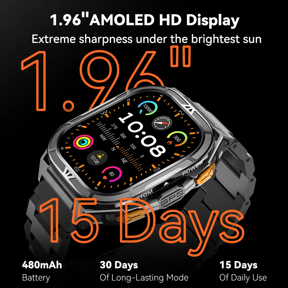 Cubot GT 3 스마트 시계, 5ATM 방수, 1.96인치 AMOLED, 혈액 산소, 피트니스 트래커 심박수 GPS 남성용 스포츠 스마트워치