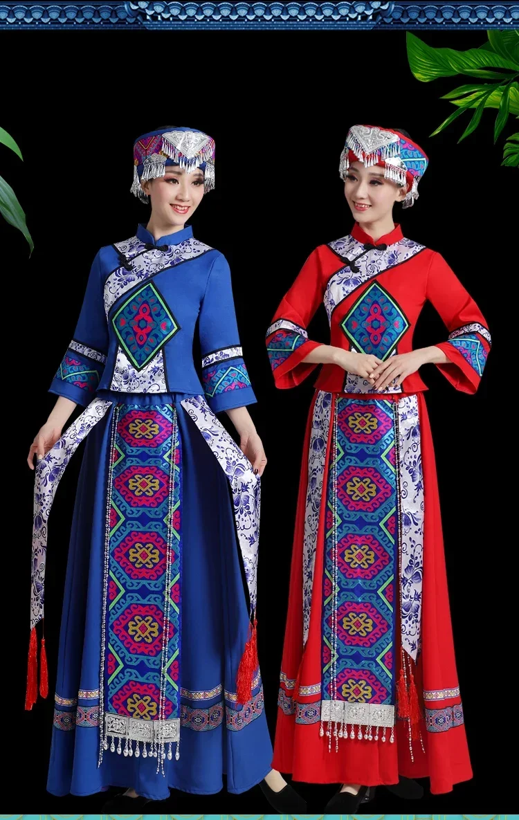 Xiangxi volwassen lange sieraden Miao en Yi prestatiekostuum danskostuum 3-delige set