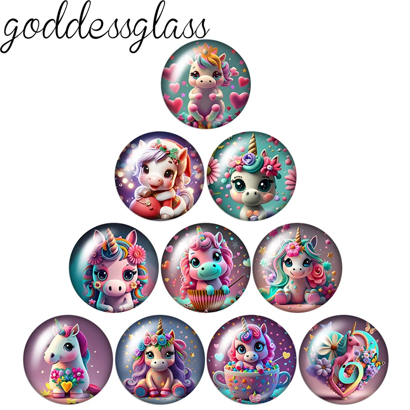 Cute Cartoon Baby Unicorn Horse 12mm/18mm/20mm/25mm Round glass cabochon flat back Making findings for custom DIY bracelets