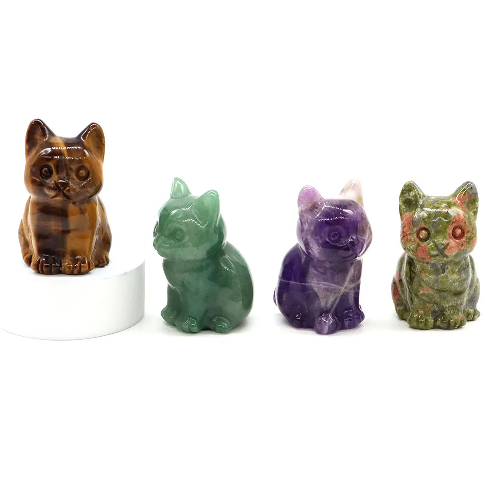 1.8 "الحجر الطبيعي القط تمثال اليد منحوتة الحيوان تمثال شفاء كريستال جمشت الحرف شقرا التأمل هدية تزيين المنزل