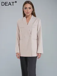 DEAT Fashion Women's Blazer Collarless Double Breasted Loose Pockets Patchwork Back Split Suit Jackets Autumn 2024 New CPDB187