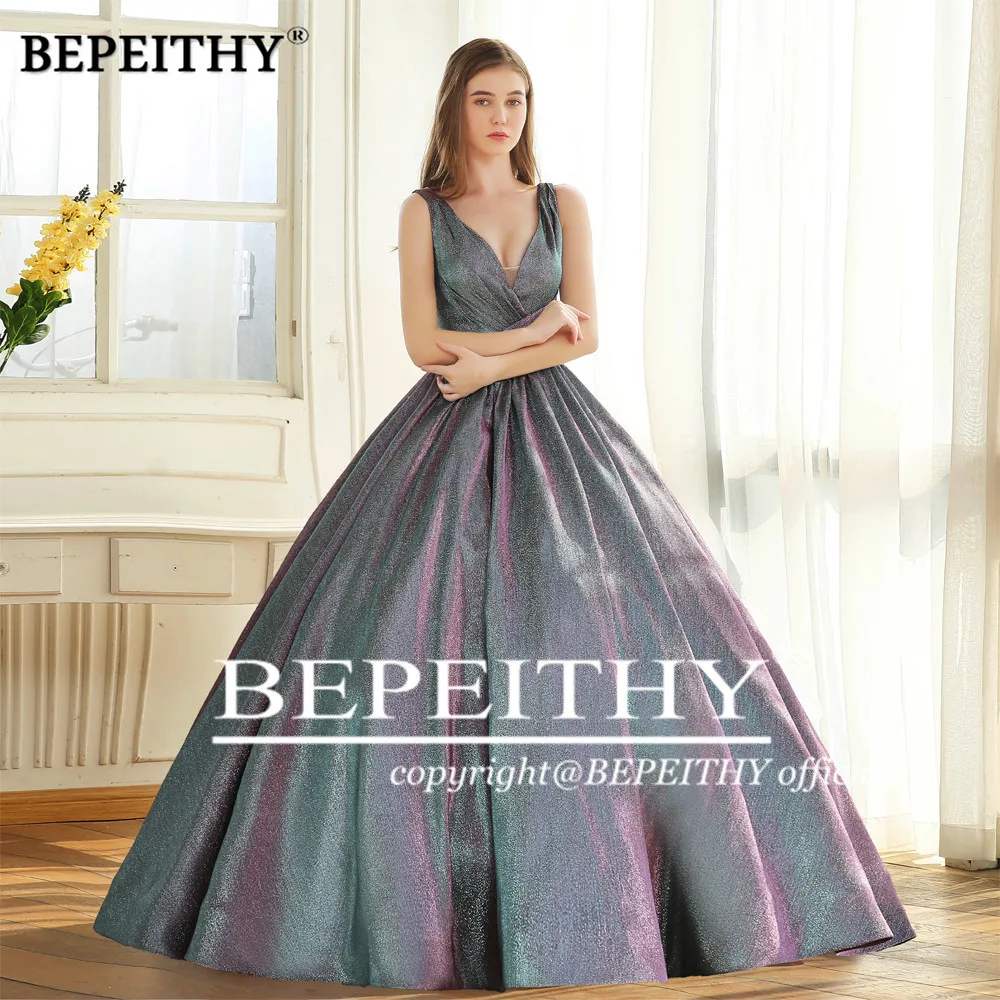 Bepeithy Eenvoudige V-hals Glitter Lange Prom Jurk Voor Vrouwen 2023 Dubai Shining Baljurk Luxe Avond Party Gown Formele gelegenheid