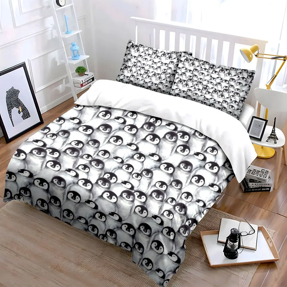 Penguin Pattern Home Decor Set Soft Skin-Friendly Bedding Set Includes 1 Duvet Cover And 2 Pillowcase, Gift