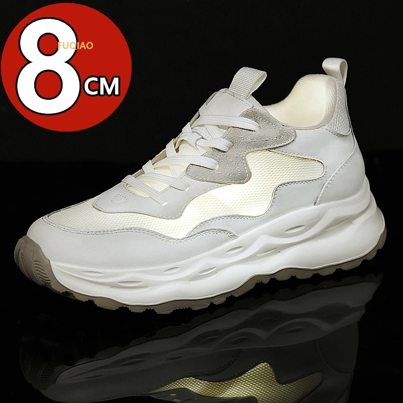Men's Summer Breathable Cow Leather+Mesh Elevator Sneakers Invisible 8CM Height Increasing Shoes Simple All-match Casual Sports