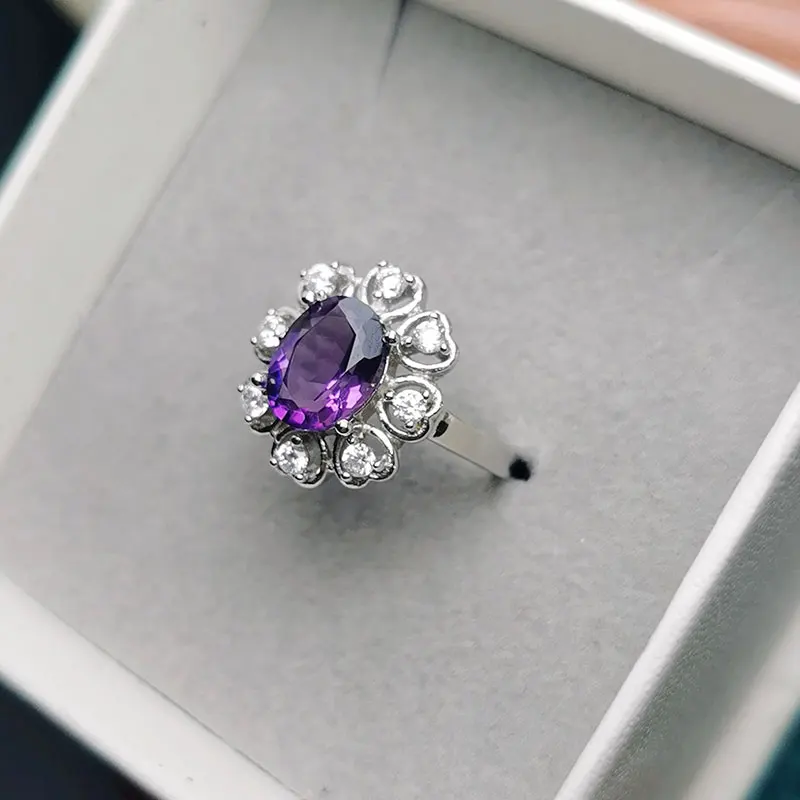

Natural Amethyst Ring 7*9mm 1.6ct oval Shape Amethyst Silver Ring Real 925 Silver Crystal Jewelry for Girl