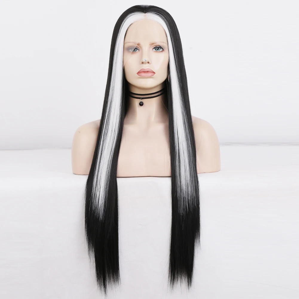 Charisma-Perruque Lace Front Wig synthétique noire, perruques Lace Frmeds à reflets blancs pour femmes, perruques soyeuses longues avec raie centrale droite