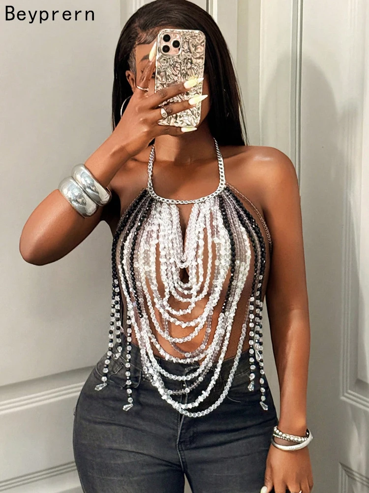 

Beyprern Women's Handmade Halter Beaded Fringed Crop Top Club Vest Seductive Hollow Out Metal Chain Top Festival Outfit Clubwear