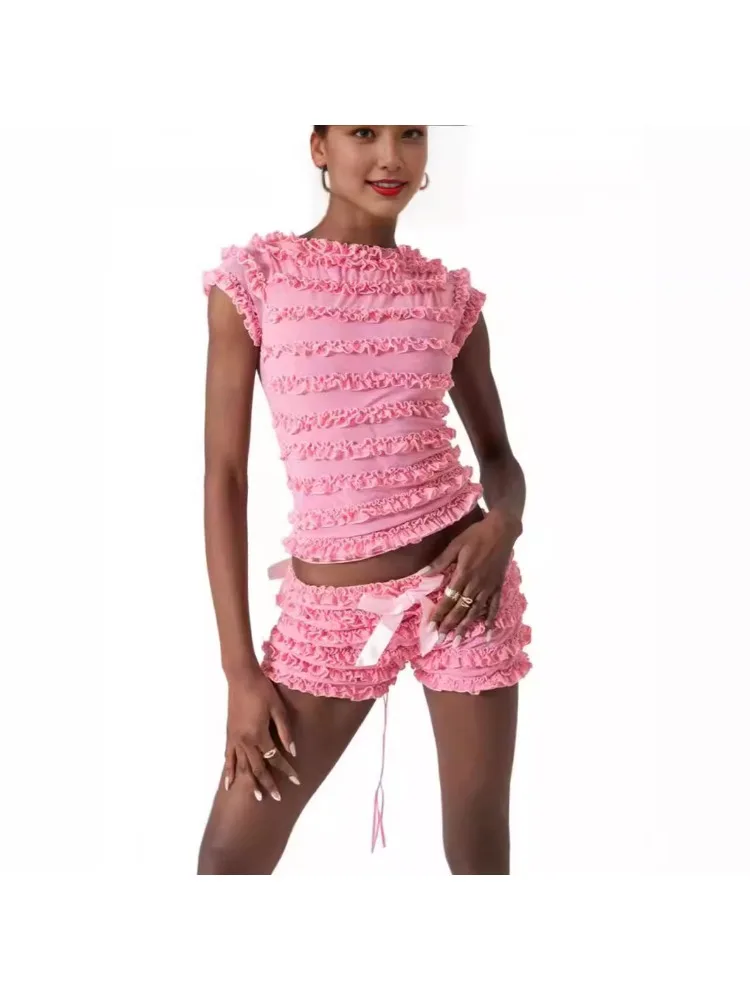 

Sweet Spice Girls Ear Hollow Strap Suspender Vest Female Summer Lace Fluffy Shorts Two Pieces.