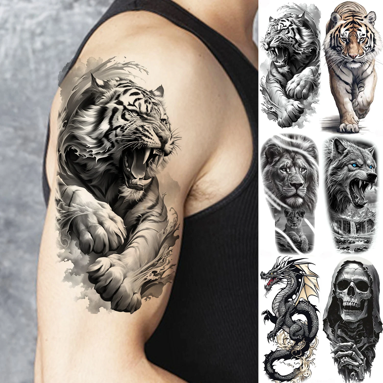 

1 Sheet Fierce Tiger Lion Dragon Temporary Tattoos For Men Women Waterproof Wolf Skull Tatoos Long Lasting Fake Tattoo Stickers