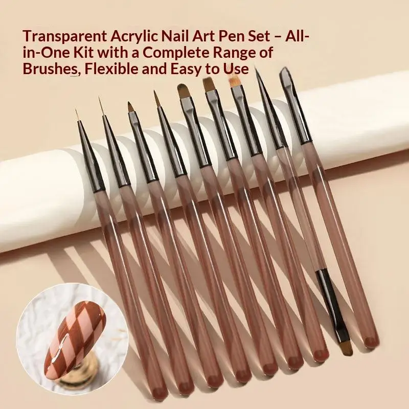 1/9Pcs Professional Acrylic Nail Brush Set Semi Transparent Nail Art Brush Line Draw For Home DIY Manicure And Salon Supply