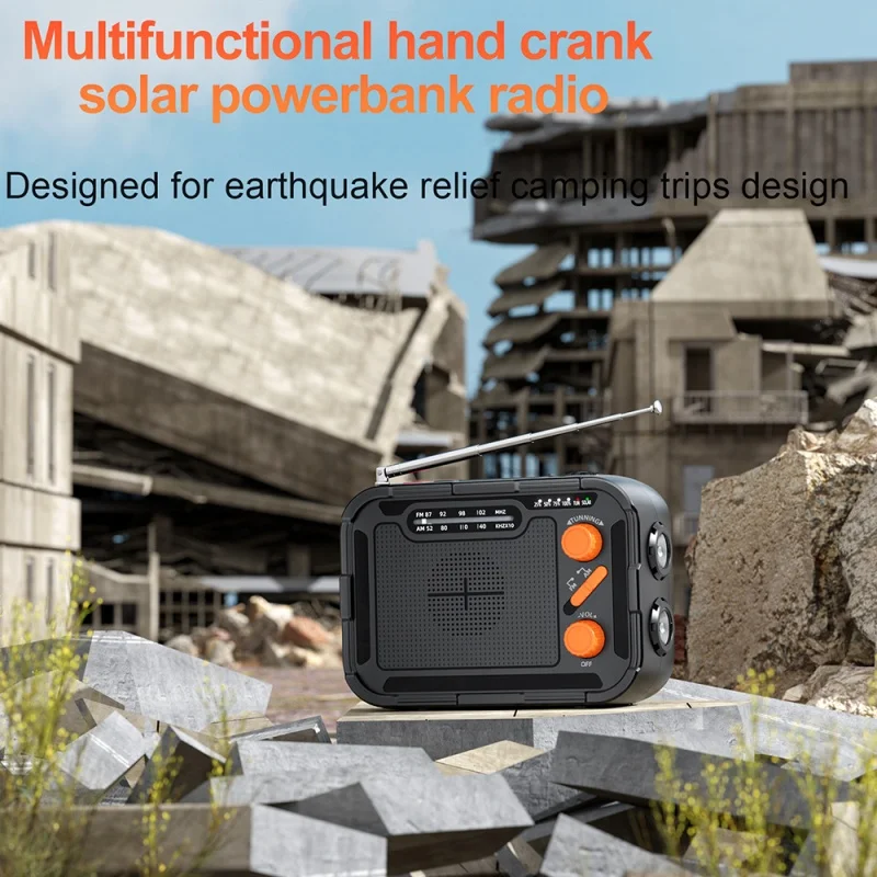 Hand Crank Solar Power Bank with FM/AM Radio Flashlight Portable Charger DC 5.0 Type C for iPhone 15 Huawei Xiaomi Spare Battery