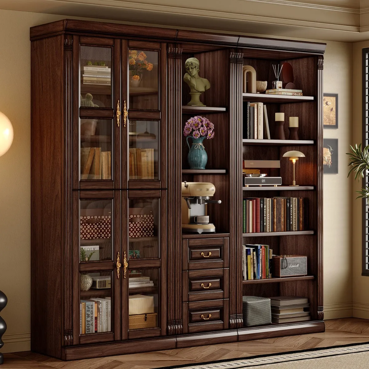 Medieval Solid Wood Bookcase Study Large Combination Bookshelf Black Walnut Glass Door Integrated Drawer Storage Locker