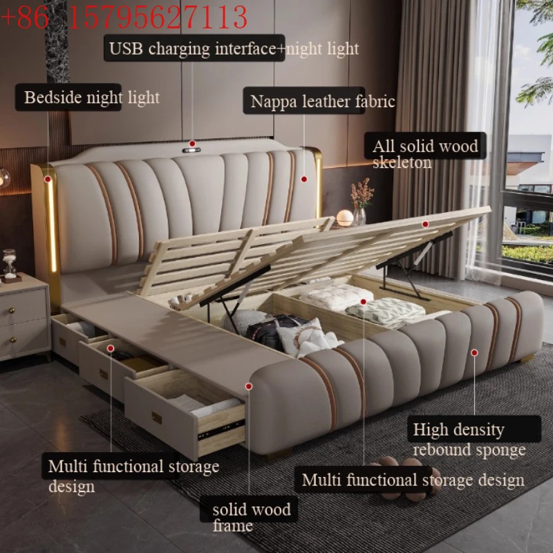 

Двуспальная кровать 180x200 см с деревянным каркасом, ящиками для хранения, роскошная, с изголовьем, портативная мебель для спальни