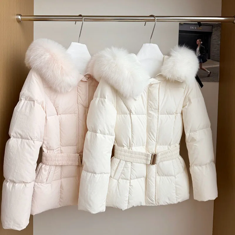 Winter Women's Faux Fur Collar Hooded Parkas Fashion Belt Thick Padded Cotton Jacket Women Slim Fit Solid Zipper Puffer Jackets 5