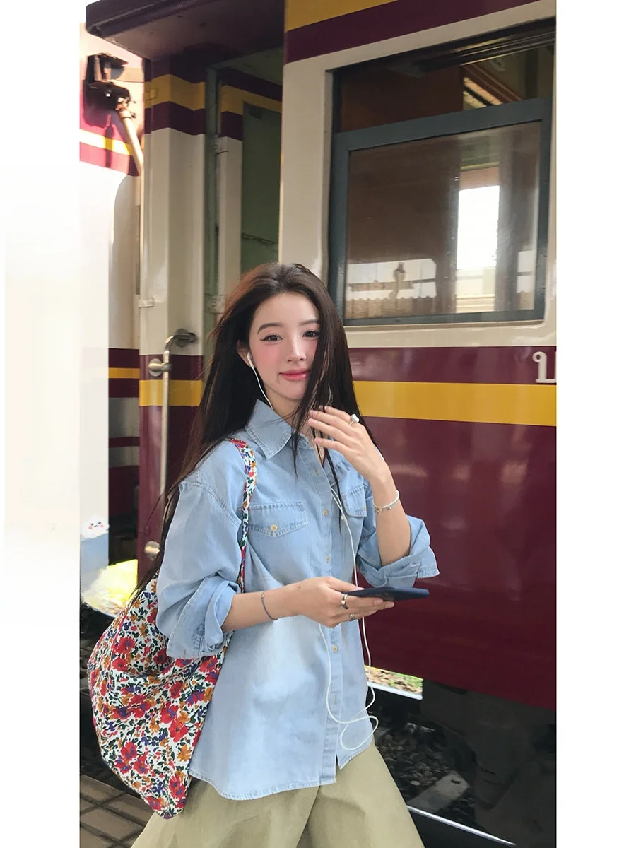 

Sinbounboun French Sle Loose Fit Long Sve Collar Denim irt Women's Casual Layering irt Spring Collection