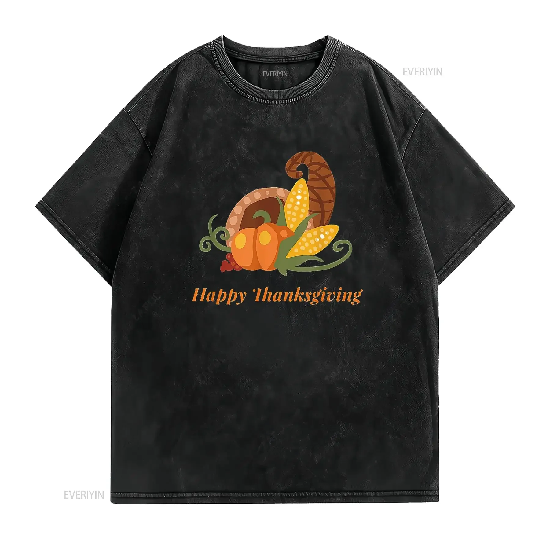 Drôle joyeux Thanksgiving t-shirt pour femmes garçons filles noir vintage lavé streetwear vêtements de créateur étiré décontracté