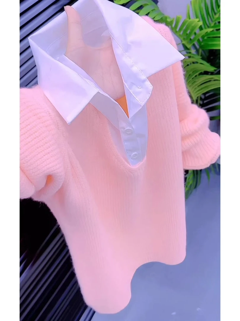 

Soft Lazy Sle Pink Knitted Sweater Women's Faion Autumn Winter European Sle Fake Two-Piece Small Size Large Size Sweater