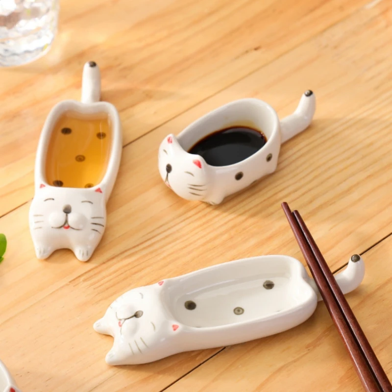 

Mini Cartoon Cat Sauce Dish Cute Ceramic Ketchup Soy Vinegar Dipping Dish Kitchen Knife Fork And Chopsticks Rack Table Decorate