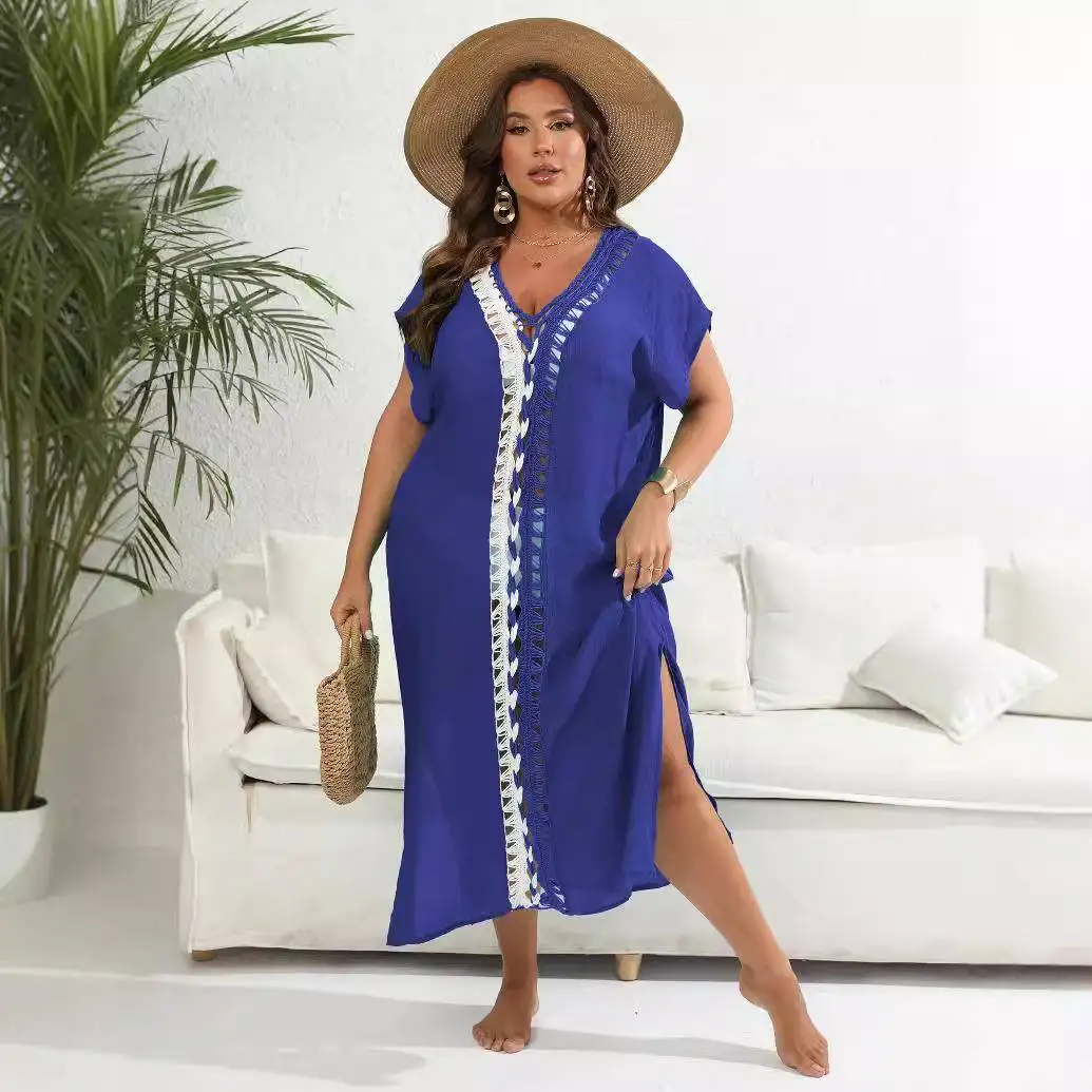

Vacation Beach Wrap Large Size Women's Hand Hooked Color Block Deep V Slit Long Dress City Walk A-Line Skirt Irregular Hem