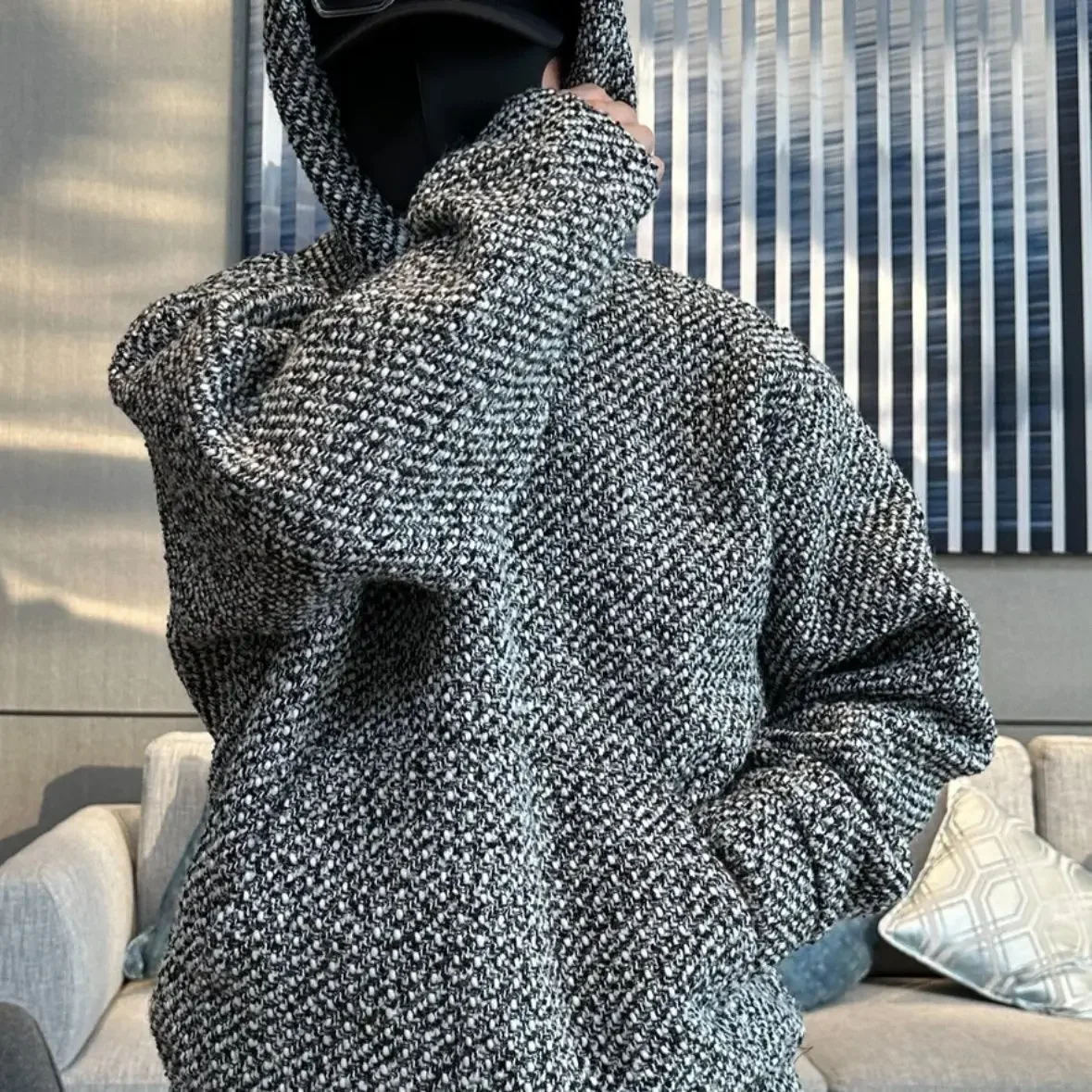 Autumn Winter Tweed Woven Hooded Sweatshirt Men's Loose Casual High Street Pullovers Men Tops Hoodies Male Clothes