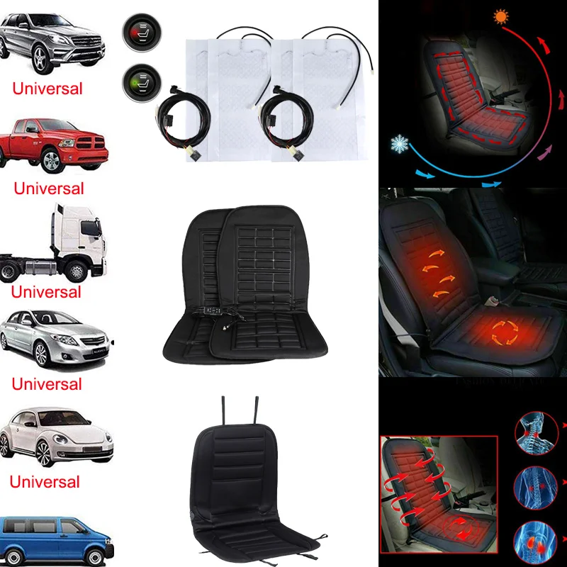 

2Pcs Car Heating Cushion Soft Touch Fabric Breathable Mesh Back Universal Fit for All Vehicles with Cigarette Lighter Plug