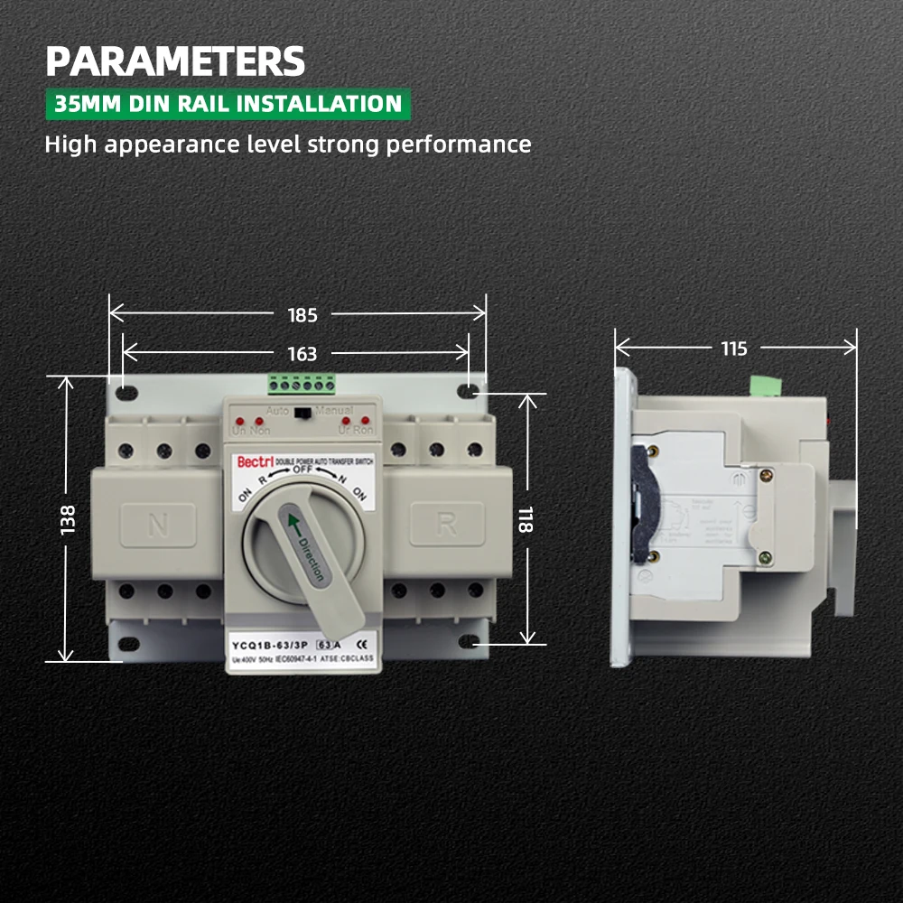 YCQ1B/63 50/60Hz Dual Power Automatic Transfer Switch MCB AC230V 3P 63A Auto/Manual Switching Circuit Breakers