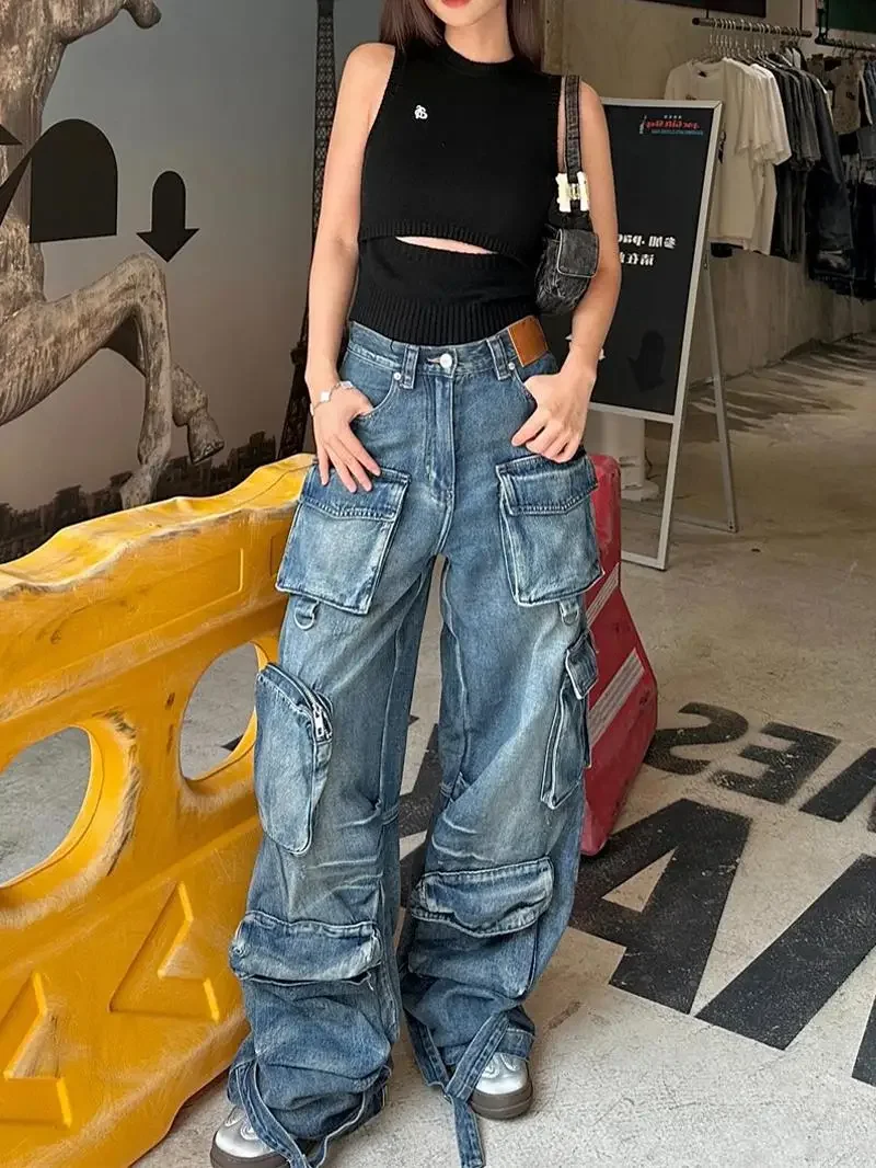 Blue Womens Jeans Y2K Vintage Design Sense High Waisted Straight Trouser American Streetwear Loose Clothing Wide Leg Denim Pants