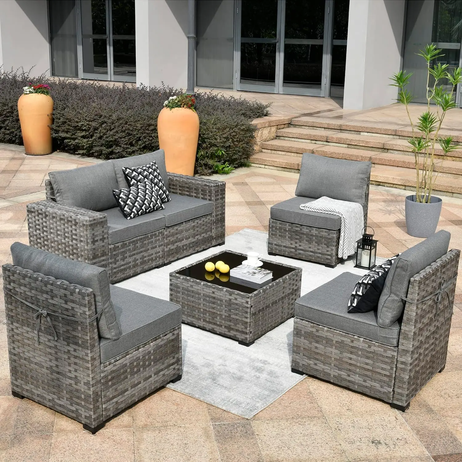 

6 Piece Patio Furniture Set, All Weather PE Rattan Outdoor Conversation Set with Coffee Table, Dark Grey