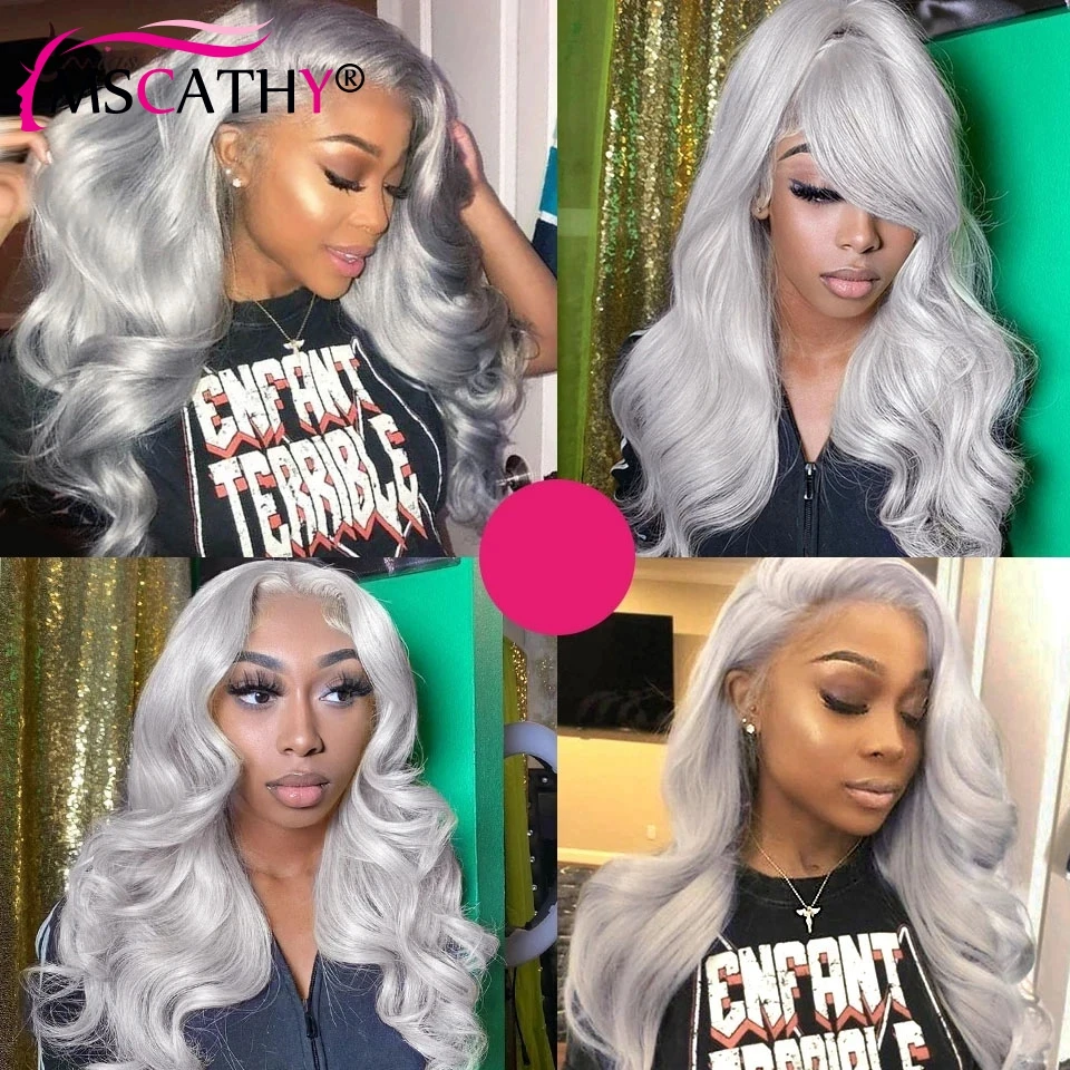 Body Wave Lace Frontal Wig para mulheres, cinza prateado, perucas frontais, cabelo humano, HD transparente, cinza colorido, à venda