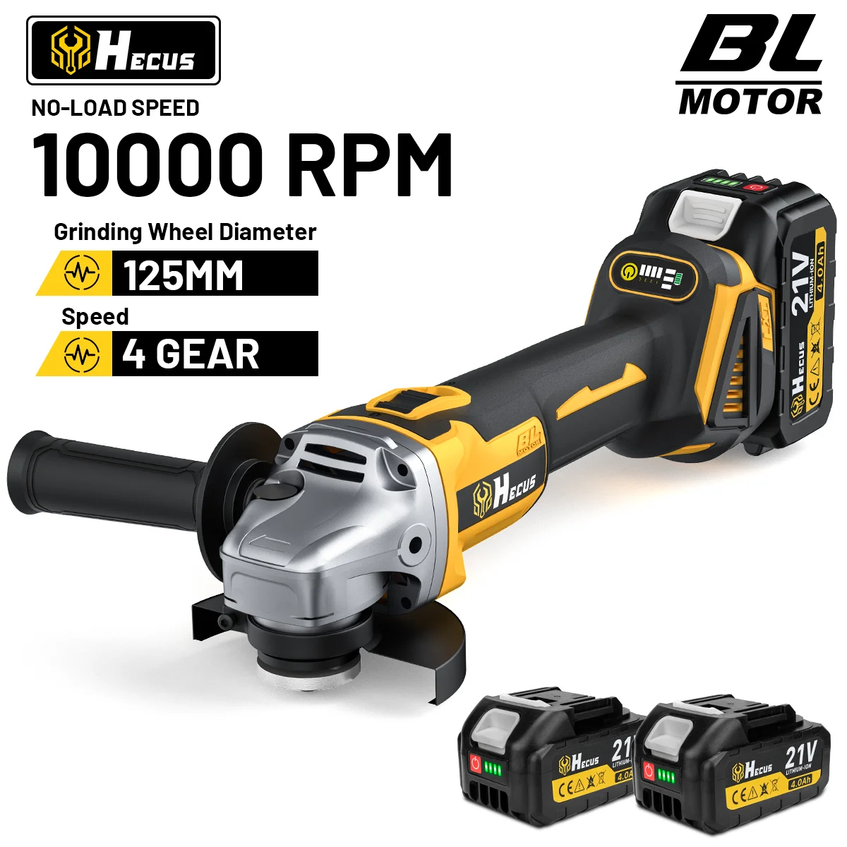 Hecus 125 mm bürstenloser elektrischer Winkelschleifer M14, kabellos, 4 Geschwindigkeiten, zum Polieren, Schneiden, Holzbearbeitungswerkzeug für Makita 18 V Batterie