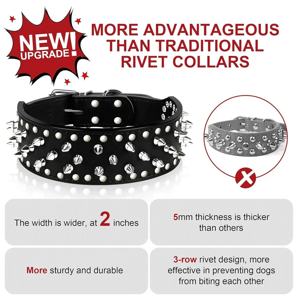 2inch Wide large dog Spiked Studded Leather Dog Collars 5*51-66cm For Medium Large Breeds Pitbull Mastiff Boxer Bully 3 colors