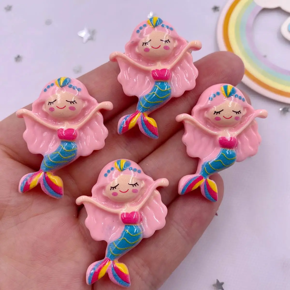 Colorful Resin Cute Pink Mermaid Princess Girl Flatback Stone Figurines 10PCS Scrapbook DIY Bow Hairpin Decor Crafts Accessories