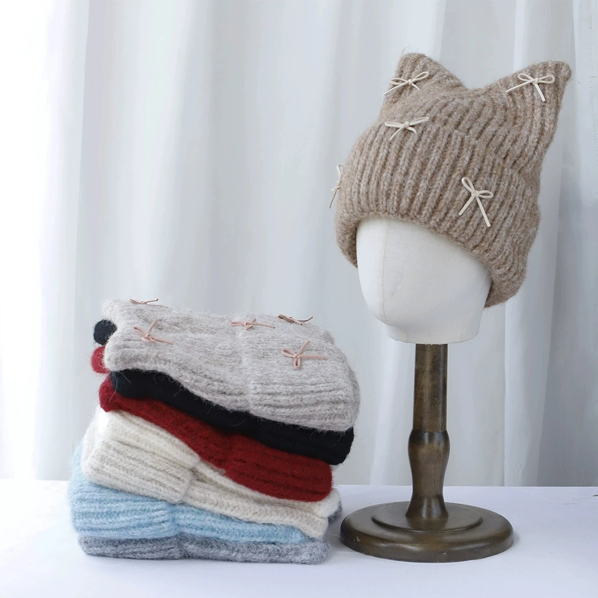 Cute Fall Winter Thickened Warm Knitted Beanie for Women Sweet Ins Style Bow Decor Warm Cat Ear Pullover Hat