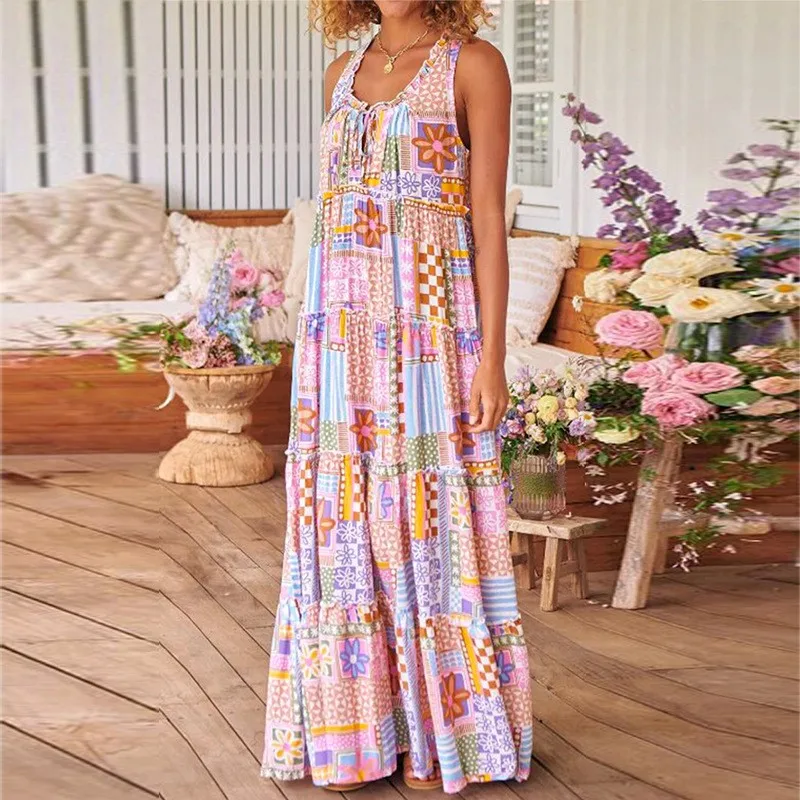 Fashion Flower Print Long Dresses For Women Casual Beach Holiday Bohemia Style Sleeveless Dress Elegant Lady Loose Maxi Vestidos