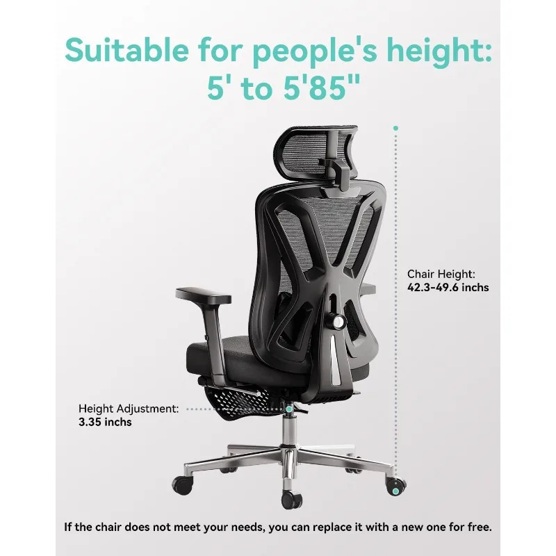 Ergonomic Office Chair, Desk Chair with Adjustable Lumbar Support and Height, Comfortable Mesh Computer Chair with Footrest