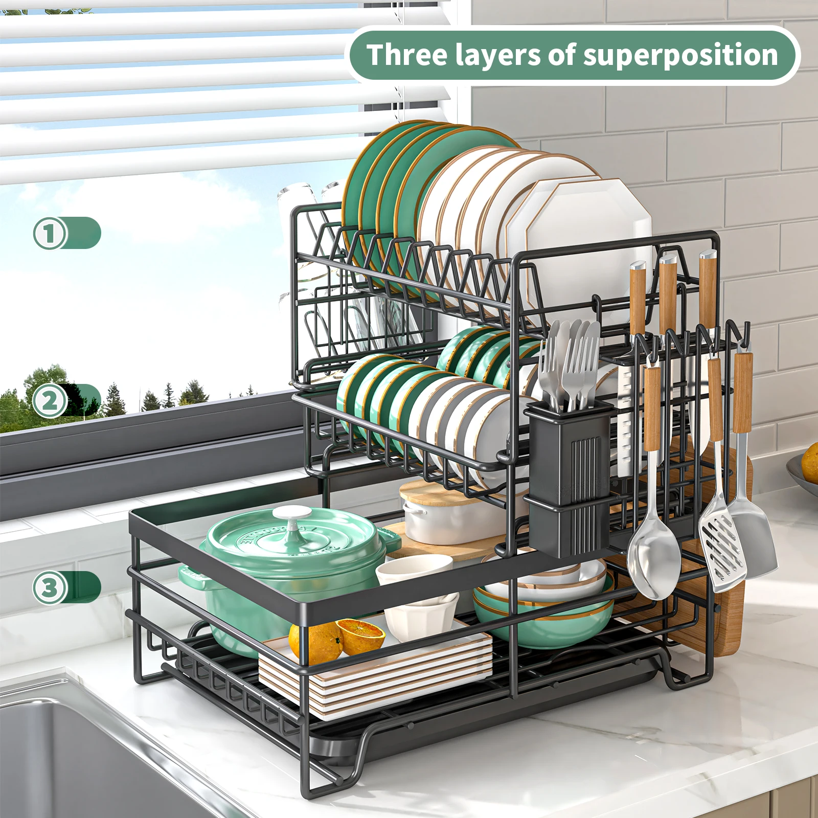 Dish Drying Rack 3 Tier Large Dish Drying Rack for Kitchen Counter with Drainboard Stainless Steel Dish Drainer for Dish Cup