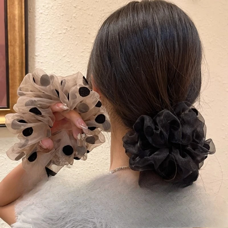 

Большие ленты для волос из пряжи Eugen, женские милые темпераментные веревочные завязки для волос, сетчатые резинки в горошек, французские элегантные аксессуары для волос